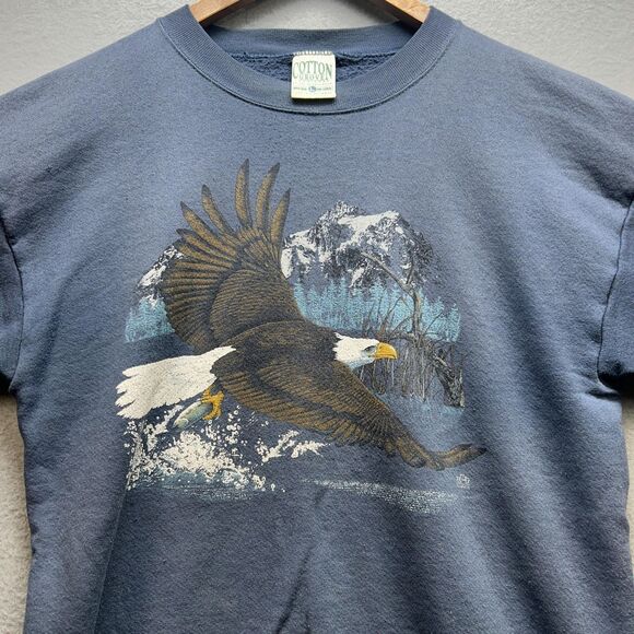 VINTAGE Eagle Sweatshirt Mens Large Blue Bald Made USA 90s Cotton Grove Designs - Picture 13 of 13